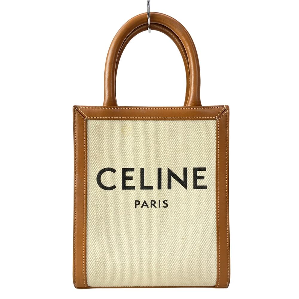 Celine Mini Vertical Cabas Celine Tote Bag Cream Light Brown Black Canvas